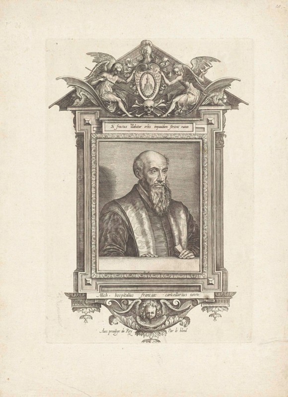 Portrait of Michel de l'Hospital. The portrait is caught in the architectural picture frame of an aedicula. At the top of the coat of arms of the portrayed, flanked by two angels. In the context of a caption in Latin.