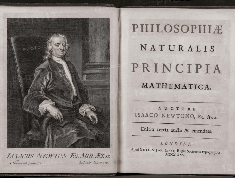 Philosophiæ Naturalis Principia Mathematica, or Mathematical Principles of Natural Philosophy, commonly known as the Principia by Sir Isaac Newton.  Newton published the Principia in three volumes, in Latin, in 1687.  This is the title page of the amended third edition published in 1726, the year of Newton's death.
