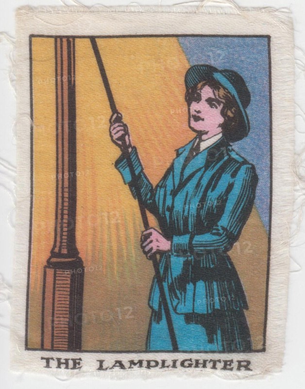 "The lamplighter": One of a series of silk cards portraying First World War women workers given away by the weekly magazine 'The Happy Home' as "charming war souvenirs"