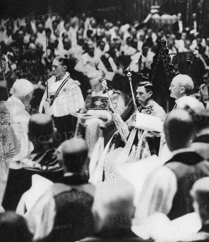 His Majesty King George VI (1895-1952) receives the Sceptre with the Cross and the Sceptre with the Dove, at his coronation, 1937. George VI's coronation took place on 12th May 1937 at Westminster Abbey, the date previously intended for his brother Edward VIII's coronation.