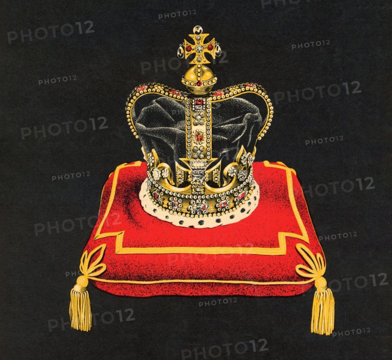 An illustration of Saint Edward's Crown, 1953. An illustration from the time of the coronation of Queen Elizabeth II (1926-2022). St Edward's Crown is the centrepiece of the Crown Jewels of the United Kingdom. Named after Saint Edward the Confessor (c1003-1066), versions of it have traditionally been used to crown English and British monarchs at their coronations since the 13th century. The original crown was a holy relic kept at Westminster Abbey, Edward's burial place, until the regalia were either sold or melted down when Parliament abolished the monarchy in 1649.