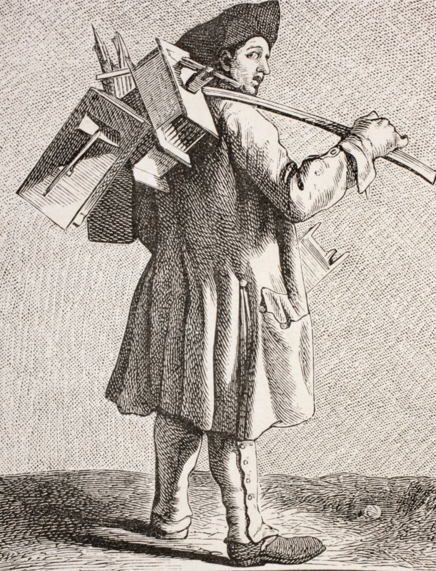 A rat catcher with his traps in 18th century Paris.