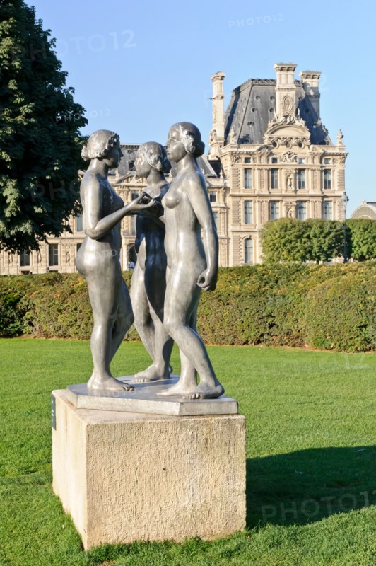 Three nude female sculptures in Jardin des Tuileries - 'Les Trois Grâces' by Aristide Maillol, Paris, France.
