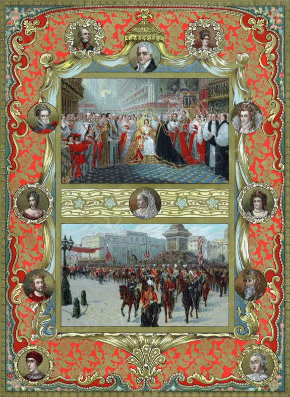Victoria (1819-1901) queen of England from 1837 and Empress of India from 1876. Coronation in Westminster Abbey, 28 June 1837. Archbishop of Canterbury placing crown on queen's head (top); Jubilee procession 22 June 1887 (bottom); surrounding portraits: top; Duke of Kent (father), William IV, Duchess of Kent (mother), left; Mary Queen of Scots, Mary II, Henry III, Edward III, George III. Oleograph published at time of her Golden Jubilee in 1887