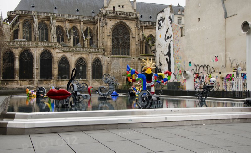 The Stravinsky Fountain or Fontaine des Automates in front of Centre Georges Pompidou. Paris, France.