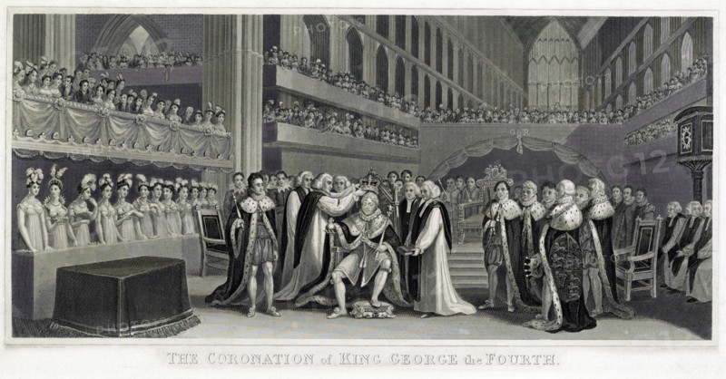 The coronation of King George IV of England in 1820; engraved by J. Chapman from a painting by J. Fussell.