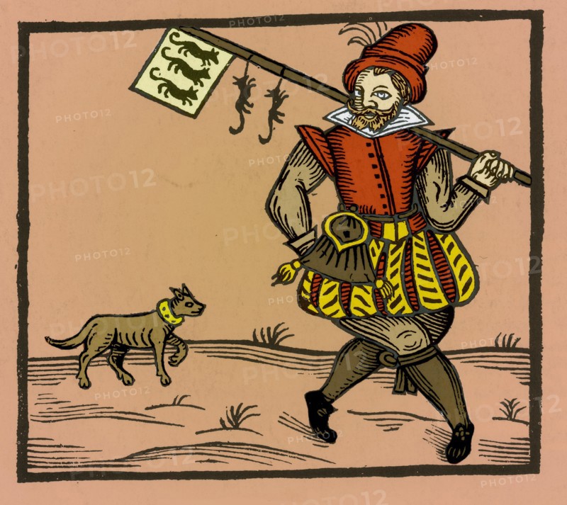 A rat catcher with flag, ensign of his trade. Keeping the rat population under control was practiced in Europe to prevent the spread of diseases to man, most notoriously the Black Plague and to prevent damage to food supplies.