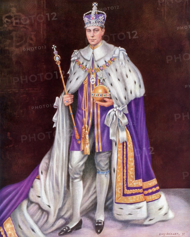 George VI, 1895 ÔÇô 1952.  King of the United Kingdom and the Dominions of the British Commonwealth. Seen here on the day of his coronation in 1936 wearing the Coronation robes and the crown and holding the Orb and Sceptre.