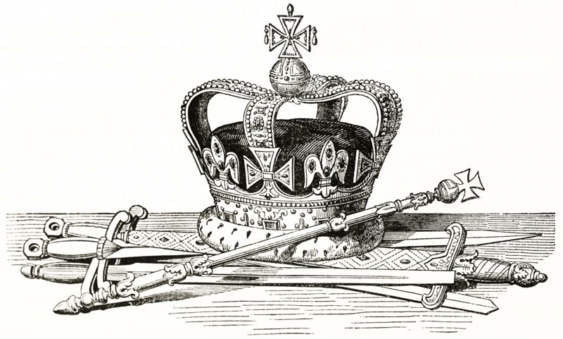 Old illustration of Saint Edward's crown. By unidentified author, published on Magasin Pittoresque, Paris, 1838