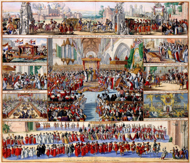 William III and his wife Mary Stuart were crowned as King and Queen of England during a session of the British House of Lords on 11 April 1689. Romeyn de Hooghe (1645-1708) documented this day in the beautiful print with 9 scenes of the coronation, from the fetching of the Crown Jewels from the Tower of London to the bonfires on the River Thames. The coronation itself is depicted in the middle of the print.