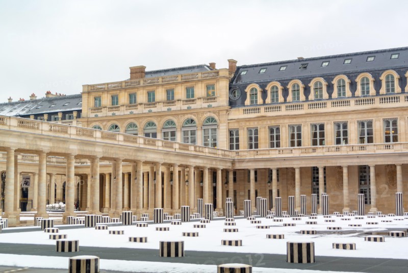 Black and white columns by Daniel Buren and the Conseil d'État, the Constitutional Council, and the Ministry of Culture, Palais Royal, Paris, France