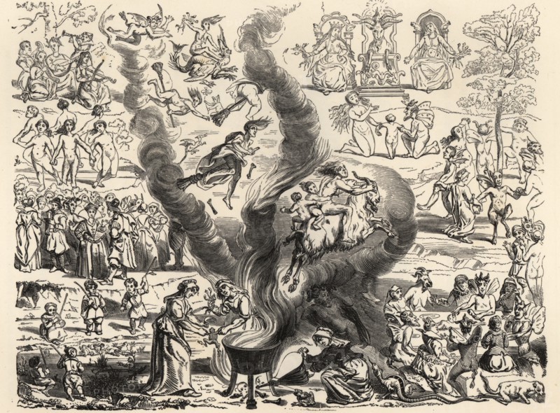 The Witches’ Sabbath based on reports from the Tribunal of Arras, 1460. Naked witches riding brooms and goats, dancing with fauns, holding snakes, playing music, boiling frogs and snakes in a cauldron. From a 16th century engraving. Legende du sabbat. Woodcut by Etienne Huyot and Jules Huyot from Paul Lacroix’s La Vie Militaire et Religieuse au Moyen Age et a l’Epoque de la Renaissance, Military and Religious Life in the Middle Ages and the Renaissance, Paris, 1873.
