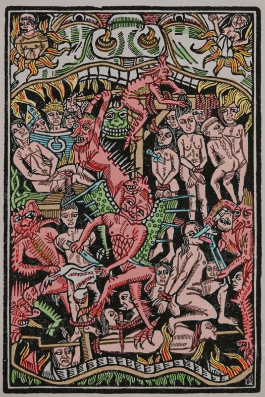 Medieval representation. Hell. Torments of sinners. Engraving.  Later colouration.