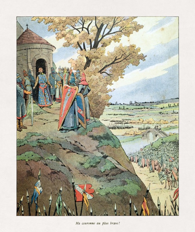 Illustration of Philip II of France offering his crown to the most valiant by Job published in the late 19th century.