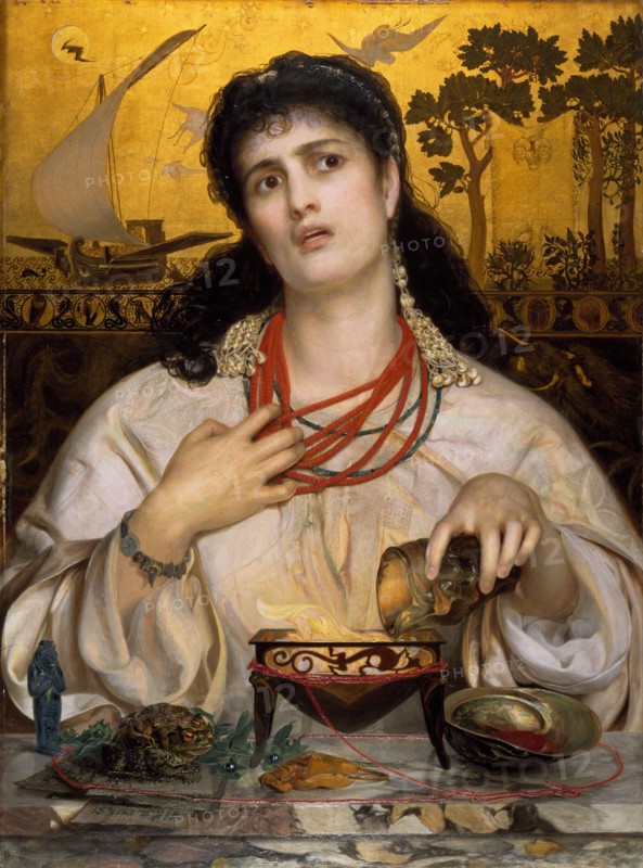 Medea, 1868 Artist: Frederick Sandys, Greek legend describes Medea as a sorceress and the wife of Jason. When he deserted her for another woman, Medea poisoned both her rival (Glauce) and her two children., Art Movement, Pre-Raphaelite, Greek Mythology, Oil Painting, Magic, Animal, Toad