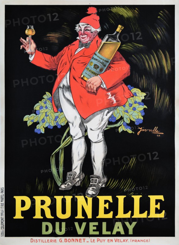 Vintage advertisement for alcohol. Prunelle du Velay. Author: Jarville. Distillerie G. Bonnet. French poster, 1922. Man holding a Prunelle bottle.