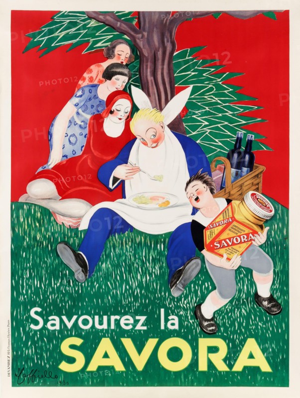 French Poster – Artwork by Leonetto Cappiello. High resolution. Digitally enhanced / improved. "Savourez la Savora" 1930 (mustard-based condiment)