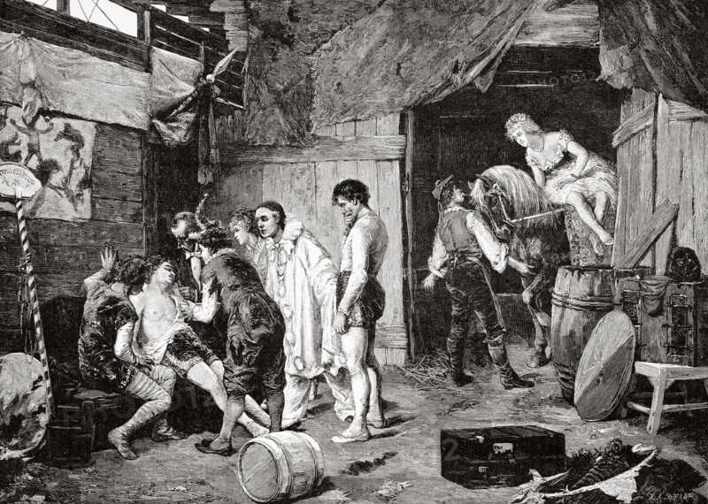 Occupational hazards. accident in a circus performance, painting by Antonio Lonza (1846-1918) was a Italian painter. Old 19th century engraved illustration from La Ilustración Artística 1882