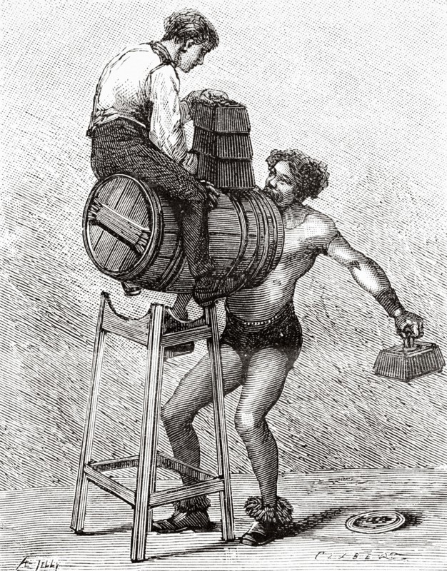 Hercules jaw lifting a barrel loaded with a man. Old 19th century engraved illustration from La Nature 1885