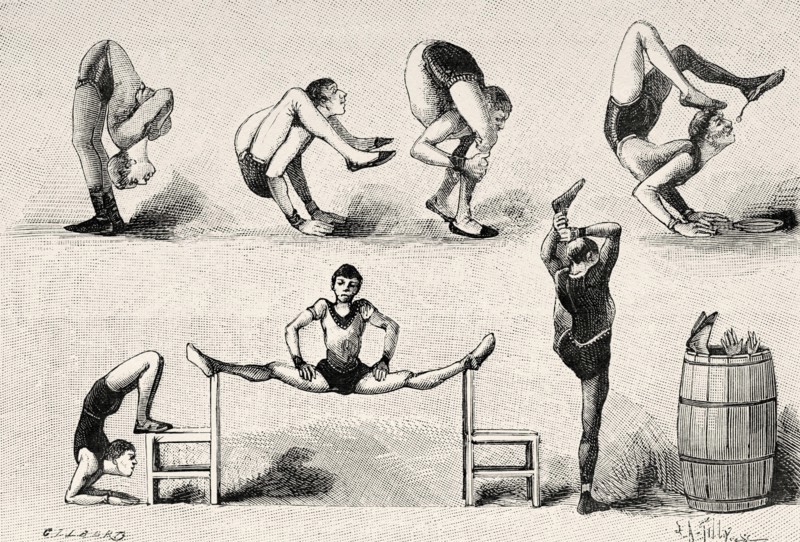 Various dislocation exercises performed by circus acrobats. Old 19th century engraved illustration from La Nature 1885