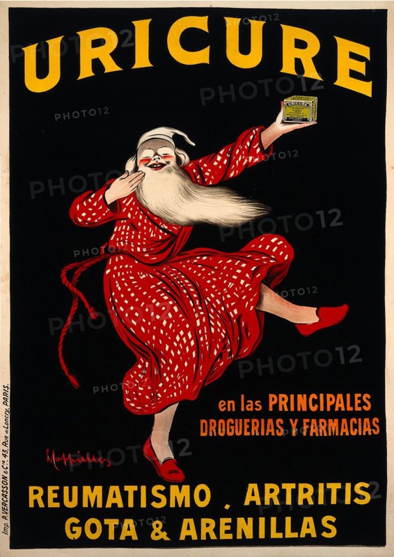 An old man in night clothes holding up a box of "Uricure" pills as an advertisement for their efficacy against rheumatic diseases. Colored lithograph by Leonetto Cappiello, c. 1910.