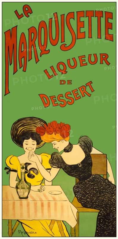 A turn of the 20th century, French advertising poster by Leonetto Cappiello (1875-1942), featuring two young women tasting La Marquisette, an alcoholic drink particularly present in the south-east of France, although recipes may vary by location. In some, this drink mixes lemonade, sparkling wine or champagne, white wine, sugar, imperial mandarin liqueur , white rum, orange syrup, pieces of oranges and lemons.