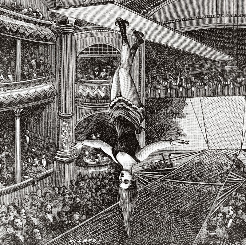 The walk on the roof performed in a circus by an  American acrobat using pneumatic roller skates. Old 19th century engraved illustration from La Nature 1890