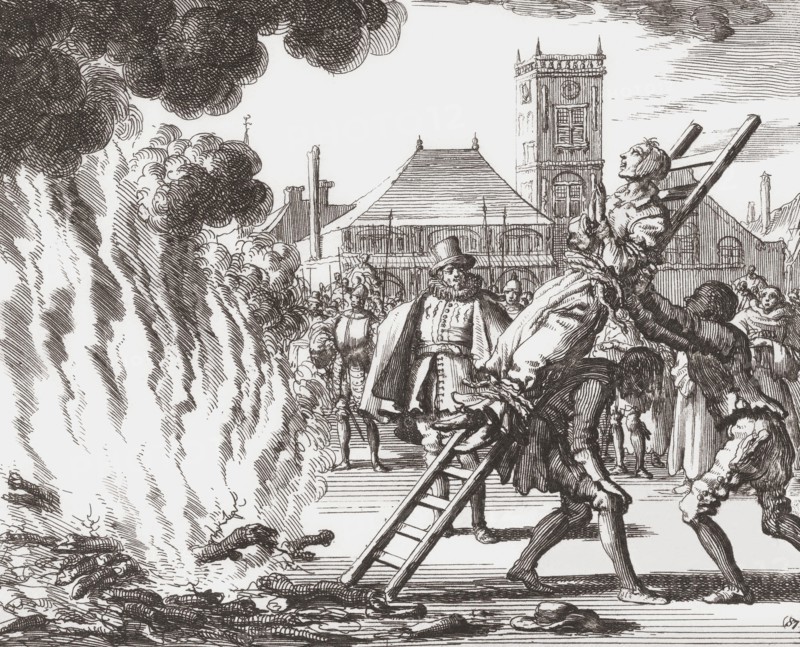A witch condemned to be burned alive in 16th century Holland.  After a 17th century work by Jan Luyken.