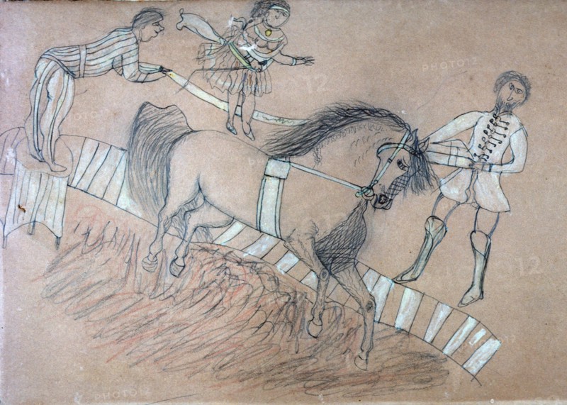 Historic drawing by American Indian of circus performers