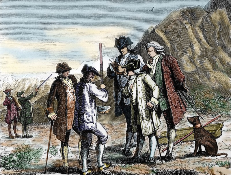 Pascal, Blaise (1623-1662). French mathematician, physicist and philosopher. Measuring the air pressure. Colored engraving.