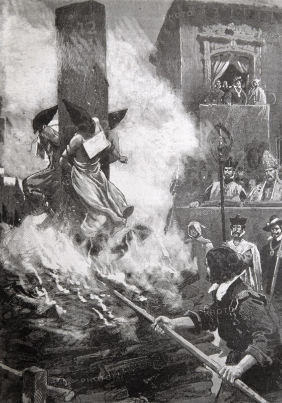 Burning Heretics, Apostates, Witches or Unbelievers at the Stake during the Spanish Inquisition Spain. Vintage Illustration or Engraving