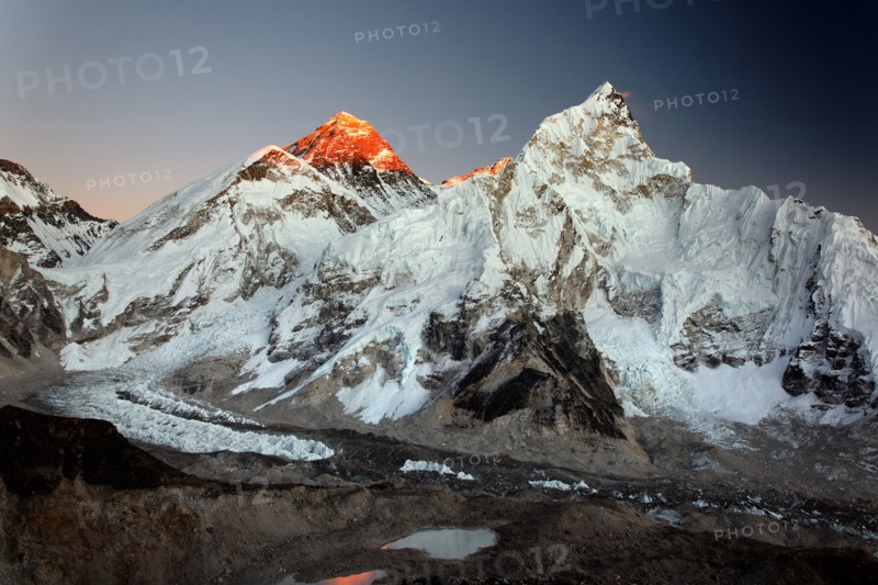 Last light on Mount Everest and Nuptse, seen from Kala Patthar in the Nepal Himalaya