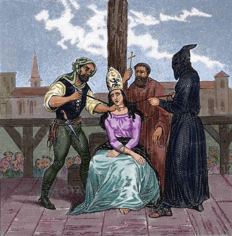 History. Europe. Witch hunt. Women convicted of being witches. Engraving. (Later colouration). 19th century.