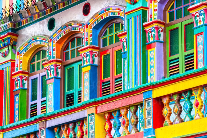 Colorful facade of building in Little India, Singapore