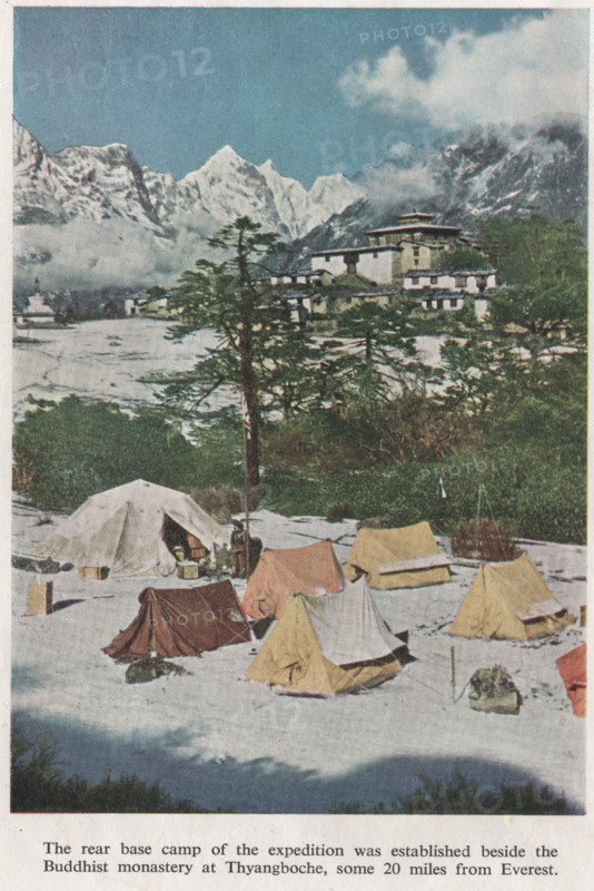 Photo of the base camp of the 1953 Everest Expedition during  the succesful summit of Mount Everest by Sir Edmund Hilary and Sherpa Tenzing Norgay on 29 May 1953.
from The Times Everest supplement published 1953