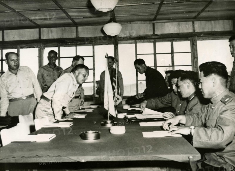 Lt. Gen. William K. Harrison (UN delegation) and Nam IL (Communist delegation) at the Korean Conference, Panmunjom, Korea