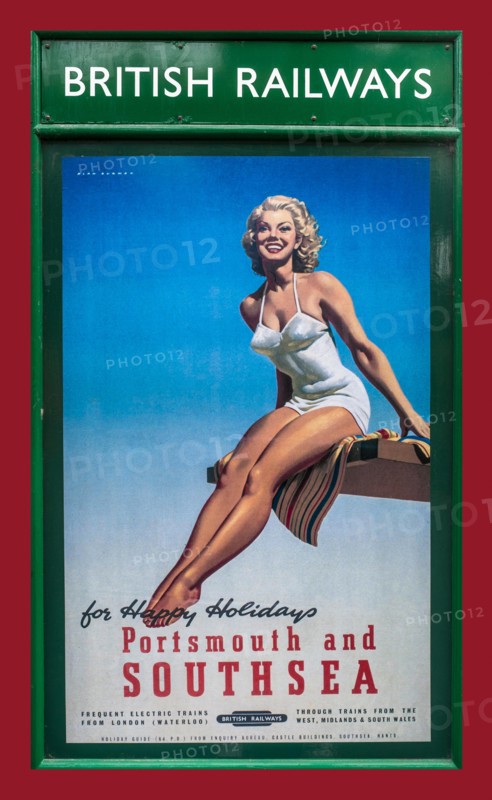 Vintage retro 1950's British Railways holiday poster with girl in swimsuit promoting 'happy holidays' in Portsmouth and Southsea UK