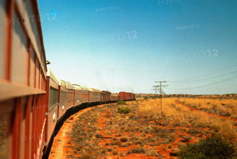 Central Australian Railways' Ghan train heads south from Finke, 1970