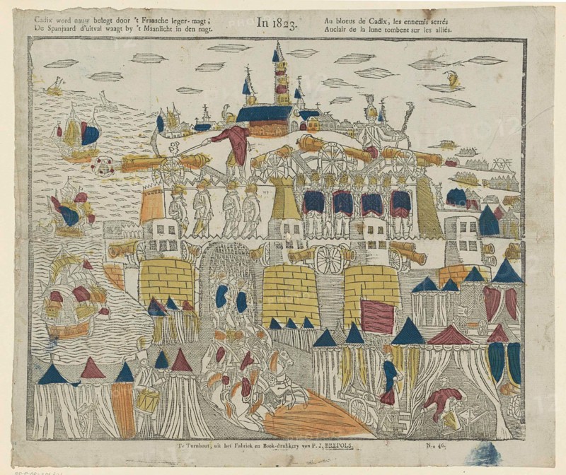 In 1823 / Cadix becomes closely invested by 't Fransche Army-Magt, / De Spanjaard d'lift dares to venture in Den Nagt / au blooms the Cadix, Les Ennemis Serrés / Auclair de la Lune Tombent sur les Alliés. The Battle of Trocadero in Cadiz on August 31, 1823. Soldiers guard a Ford on the coast. Numbered at the bottom right: No. 46.