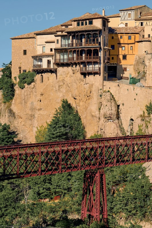 Casa Colgada or Hanging Houses, now housing the Museum of Spanish Abstract Art and el Saint Pablo bridge in Huecar river, Cuenca city, la Mancha Spain