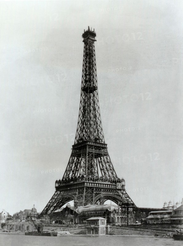 The 19th century vintage photo of construction work of the Eiffel Tower. March 1889. Paris, France.
