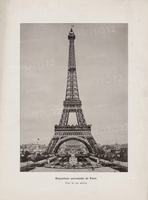 Vintage photo of Paris World Exhibition seen under the Eiffel Tower. 1889