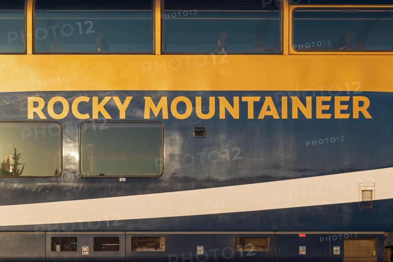 Gold leaf train wagon of the Rocky Mountaineer train ride between Vancouver and Jasper national park, Canada.