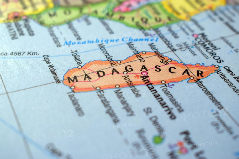 Madagascar Travel Concept Country Name On The Political World Map Very Macro Close-Up View Stock Photograph
