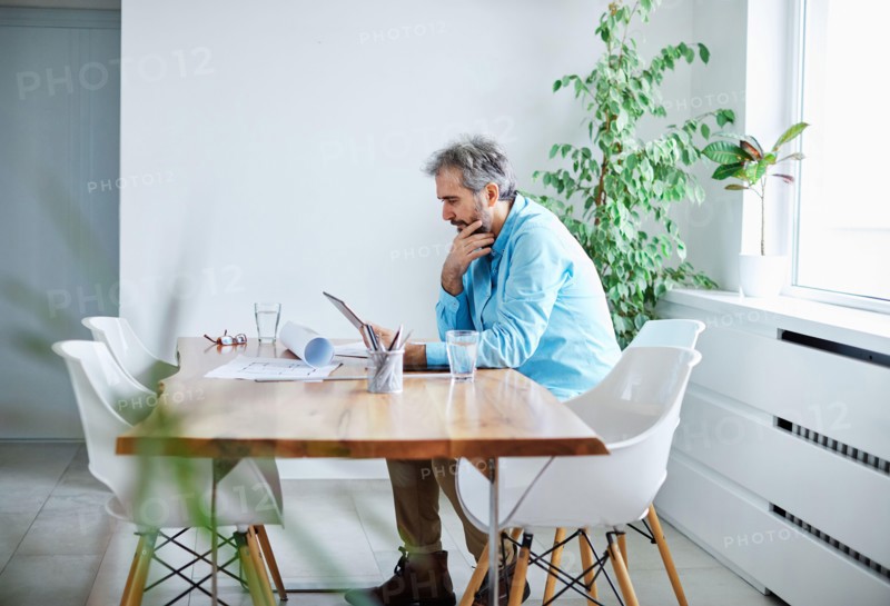 senior businessman tablet desk office work business computer grey hair mature casual reading work