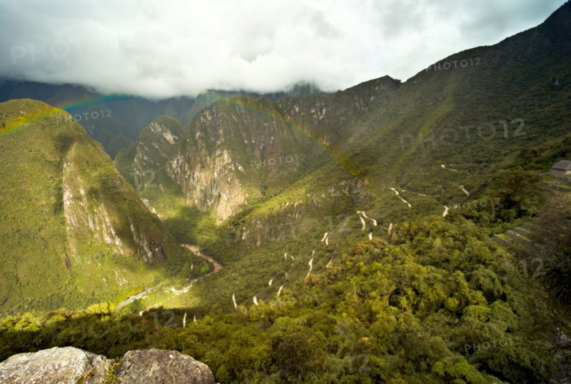 PERU MACHU PICCHU View of the switchback filled road called the Hiram Bingham Highway that carries tourist buses to Machu Picchu