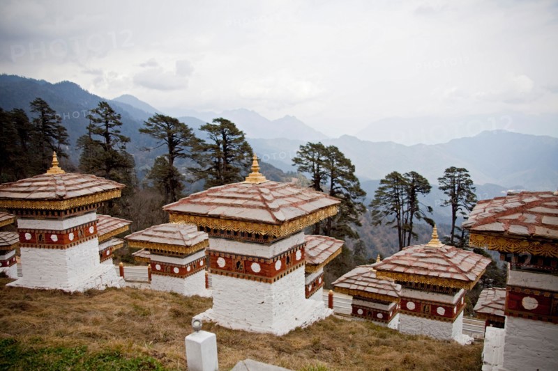 108 Chorten at the Dochu la Pass from Thimphu to Punakha. Bhutan Asia. Horizontal view. 91492_Bhutan-Dochula