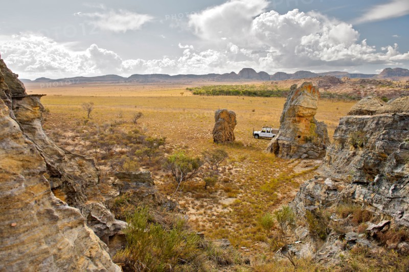 View of a Land Rover parked on the plains of Isalo National Park in southern Madagascar.