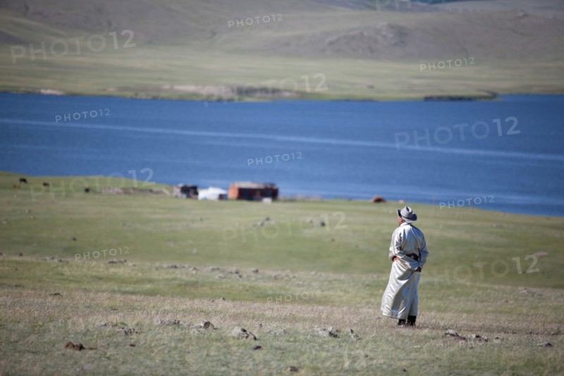Mongolia landscape with one man, Tsagaannuur, Khövsgöl, Mongolia