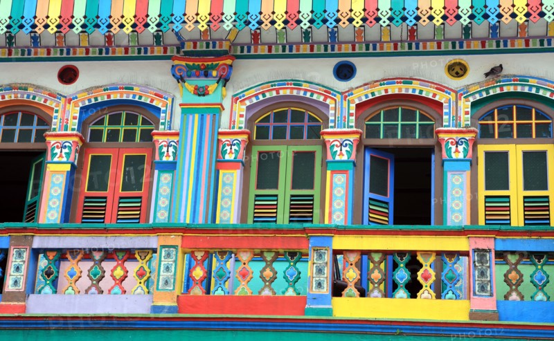Old character heritage facades of colonial buildings in Little India, Singapore